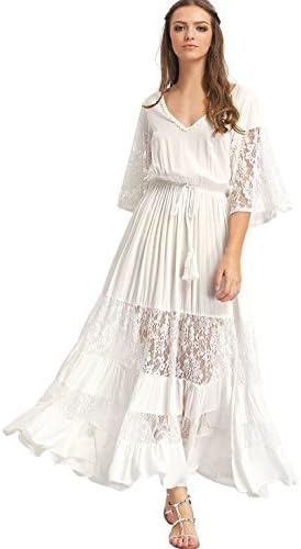 Milumia Women's Bohemian Drawstring Waist Lace Splicing White Long Maxi Dress