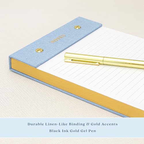 ELYN Lined Notepad, Aesthetic Linen Memo Pad with Matching Gold Gel Pen, 125 Sheets, 8.1 x 5.3 in - 100 GSM Premium Thick Paper, Perforated Pages & Hard Linen Backing, for Work, School or Home (Blue) - Thumbnail 4