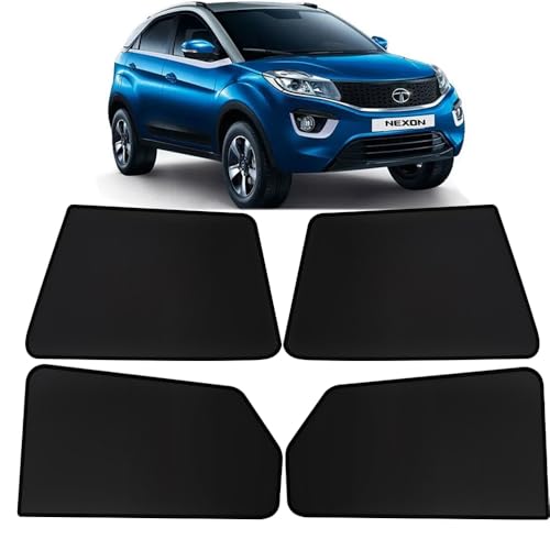 Image of OTO2EYE Car Sun Shade Compatible for Tata Nexon Model 2017 to 2023, Z-Black Fix Type Side Window Curtains, Only Half Cut in Front Window, 4 Pieces Set