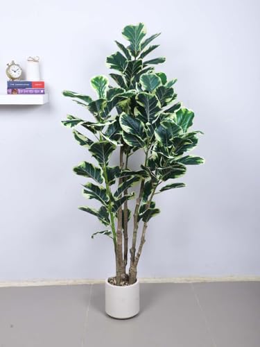 Image of ARICK DECOR 6Ft Artificial Fiddle Leaf Fig Tree with Pot for Faux Tree with Large Realistic Trunks and Big Leaves, Fake Floor Potted Artificial Plants (Multicolor-42) (5.1Ft-Leaf-White)