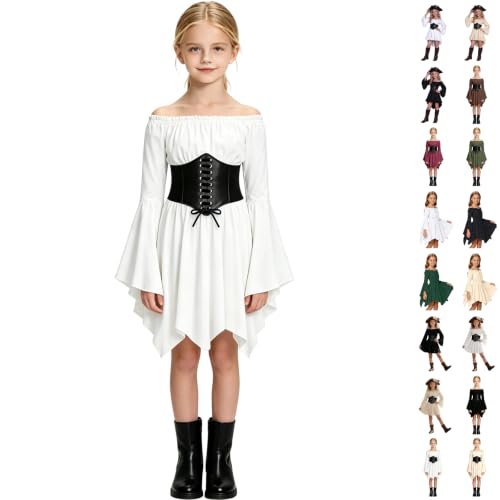 Pirate Costume For Girls Off Shoulder Medieval Costume With Corset Belt | Flared Long Sleeve,pleated,asymmetrical Hem,flowy,lightweight,pirate Themed Party,halloween Costumes,for Girls 4-14 Years - image 1