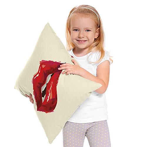 Moslion Red Lips Throw Pillow Cover With White Teeth Sexy Biting Lips Pop Art Woman Square Pillow Case Cushion Cover For Father's Day Home Car Decorative Cotton Linen 18X18 Inch #TOP1