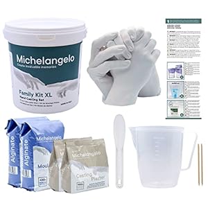 Michelangelo Family KIT XL , kit de Moulage pour 4 Mains d’adultes ou d’enfants en Famille ou Entre Amis. Un pichet doseur de 1 Litre et Une spatule en Plastique pour mélanger.