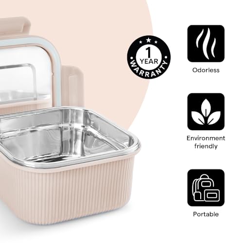 Image of Larah by BOROSIL Freshbyte Food Storage Container with Airtight Stainless Steel Lid | Fridge Container for Lunchbox | Food Grade | Microwave Safe (Beige, 800 ml, Square)