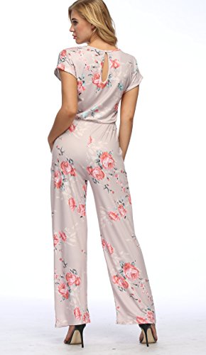 RichCoco Women's Floral Printed Jumpsuit Casual O Neck Loose Long Wide Legs Pants Jumpsuit Rompers with Pockets Khaki - Thumbnail 2