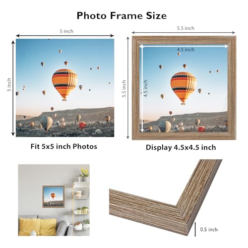 Image of JCJMY 5x5 Picture Frame for Wall Hanging or Tabletop, Wall Mounting Horizontally or Vertically, 5 x 5 Square Wall Gallery Poster Photo Frame with Shatter Resistant Plexiglass, Rustic Brown