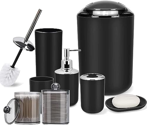 Bathroom Accessories Set, 8-Piece Plastic Gift Set, Toothbrush Holder, Toothbrush Cup, Soap Dispenser, Soap Dish, Toilet Brush Holder, Trash Can，Qtip Holder (Black)