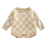 SAYOO Unisex Baby Girl Boy Checkerboard Clothes Plaid Knitted Bubble Romper One Piece Sweater Bodysuit Jumpsuit Clothes (Beige, 0-3 Months)