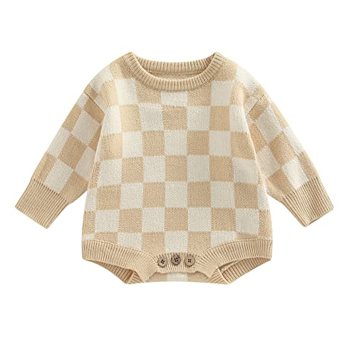SAYOO Unisex Baby Girl Boy Checkerboard Clothes Plaid Knitted Bubble Romper One Piece Sweater Bodysuit Jumpsuit Clothes (Beige, 12-18 Months)
