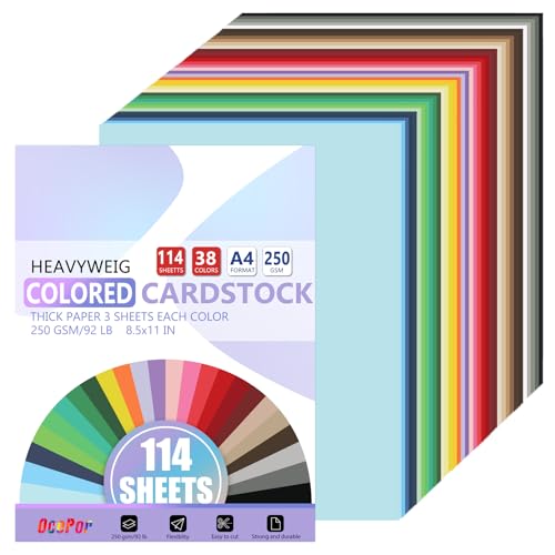 OcePor 114 Sheets Colored Cardstock 38 Colors, 8.5x11 Color Cardstock Bulk, 250gsm/92lb Assorted Colors Construction Paper for Printing, Card Making, Die Cutting, Crafts, Scrapbooking, Party
