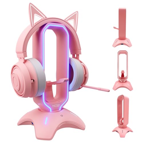 Tilted Nation Cute Headphone Stand Pink | Headset Stand with RGB, Mouse Bungee Holder, and 2 Port USB Hub Charger - Desk Gaming Accessories