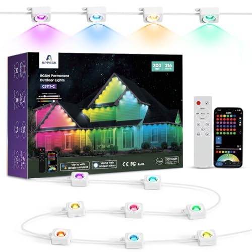 APPECK Permanent Outdoor Lights 300ft with 216 LED Lights, 108W Smart RGBW Eaves Lights, DC 36V, 40LM, IP67 Waterproof String Lights for Halloween Christmas Decor, Compatible with Alexa, White