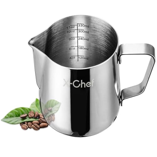 X-Chef Milk Frothing Pitcher, Milk Frother Cup Stainless Steel, Espresso Steaming Pitcher 12 oz (350 ml)