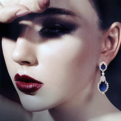 Gulicx Vintage Design Long Luxury Oval Cz Stone Silver Tone Blue -Sapphire Color Drop Earrings #TOP4