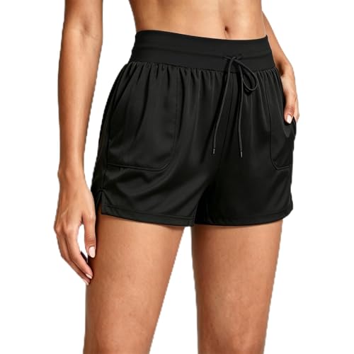 Image of MKEOIEAU Womens Swim Shorts with Pockets, High Waisted Swimming Swimsuit Bottoms, Adjustable Drawstrings Quick Dry Beach Shorts Ladies Girls Black