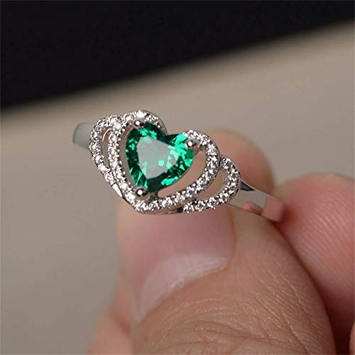 925 Sterling Silver Fashion Natural Emerald Ring Heart-Shaped Cut Cubic Zirconia Rings CZ Eternity Heart Engagement Wedding Band Ring for Women (US Code 9)4