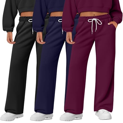 3 Pack Women's Plus Size Sweatpants with Pockets, Comfy Wide Leg Lounge Pants, Baggy Workout Pajama Trouser