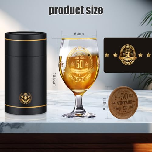Fabuloustrim 50th Birthday Gifts for Men,Vintage Beer Glass with Wooden Coaster – Aged to Perfection 50th Beer Glass,Gift for Dad,Husband,Friend – Christmas,Father’s Day,Retirement Present