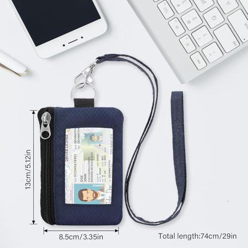 Image of Minimalist RFID Wallet with Lanyard, Multi-Functional ID Case with 2 Zipper Pockets and Key Chain for Men and Women, Tactical Badge Pouch Cards Holder, Coin Purse for Travel Sports - Gray&Blue