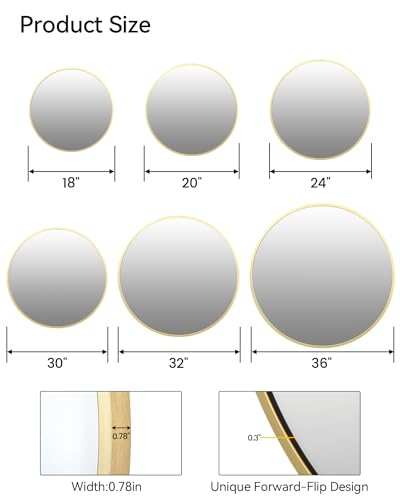 Gold Circle Mirror for Bathroom, 24 inch Circle Mirror, HD Eco-Friendly Round Bathroom Mirror for Over Sink, Matte Gold Metal Framed Wall Mirror for Wall, Vanity, Living Room, Easy to Install