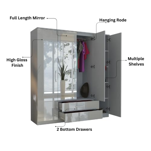 URBAN FURNISHING 4 Door Wardrobe with Drawers, Hanging Rails & Shelves Modern High Gloss Wardrobe for Bedroom (Grey) - Image 4