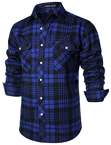 PARKLEES Men's Casual Regular Fit Button Up Flannel Checked Plaid Shirts with Pockets PZLCL41 Royal Blue XXL