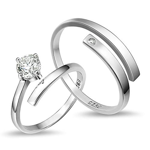 Bagues de couple gravées en argent et zircone cubique réglables