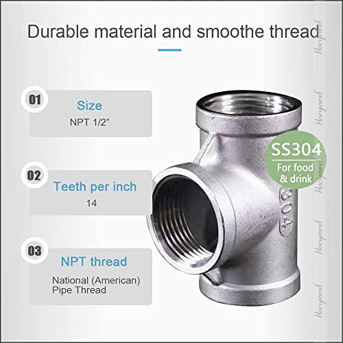 Horiznext npt 1/2 female thread stainless steel tee pipe fitting, three way 3/4 inch I.D. connector, metal cast t shaped adapter for water air furniture tank tube industrial (2pcs)