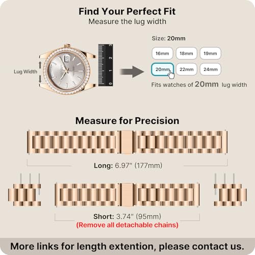Image of Fullmosa 20mm Stainless Steel Watch Band, Quick Release Metal Replacement Strap with Removable Links, Includes Spring Bars & Link Removal Tool for Men Women (Rose Gold)