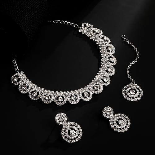 Image of Atasi International Silver Plated White Crystals American Diamonds Stylish Necklace Set with Earrings and Maang Tikka for Women and Girls | Stylish Jewellery for Party, Wedding and Festive Occasions (R6155)