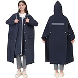 [Xrkuu] レインコート レインポンチョ メンズ レディース バイク用 雨具 リュック対応 ロング丈 ポケット 反射テープ 二重透明レインバイザー付き 防風防水 軽量 EVA撥水加工 自転車用 アウトドア 通勤 通学 梅雨対策 台風 豪雨対応 多用途 オシャレ 男女兼用 ネイビー Lサイズ