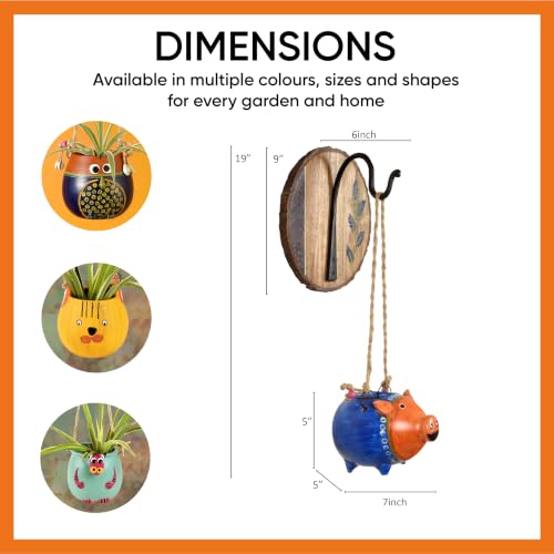 Image of AAKRITI ART CREATIONS Wall Hanging Planter with Hook | Blue Pig Design on Round Hook, Modern Art, Matte Finish | Metal, Terracotta & Wood | Decorative Hanging Pot for Indoor & Outdoor Home Decor