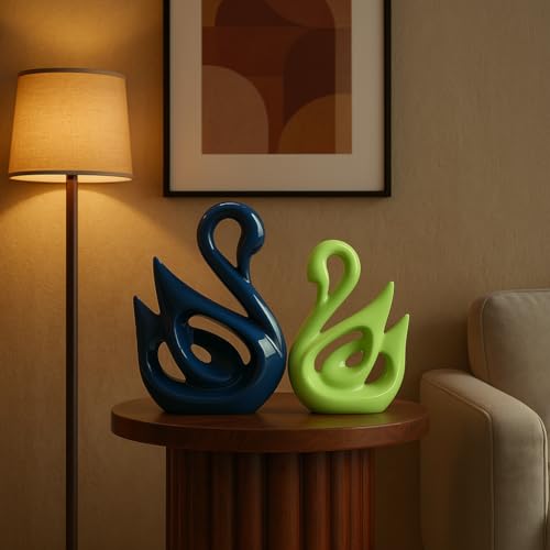Image of SRJANA Lucky Swan Couple Piano Finish Ceramic Figures for Home Decor (Set of 2 Pc, Large, Navy Blue & Parrot)