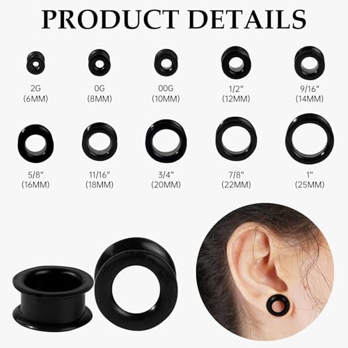 20Pcs Silicone Ear Gauges 2G-25mm Flexible Ear Tunnels Gauges Soft Expander Stretching Ear Plugs Tunnels Black Earring Piercings Jewelry for Men Women2