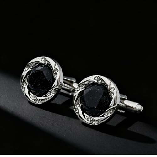 Set de Mancuernas para Hombre con Piedra Arenisca Azul Negra y Rhinestones miniatura 6