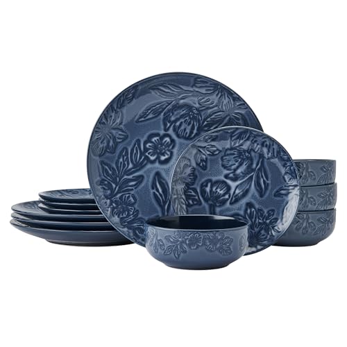 Paltzgraff Garden Elegance 12 Piece Floral Stoneware Dinnerware Plate Bowl Dish Set, Service for 4, Blue