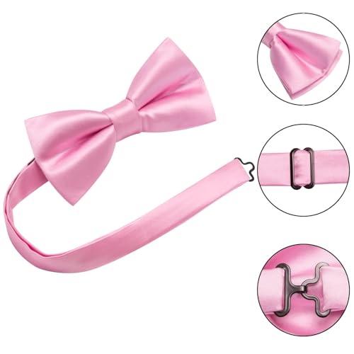 Image of Hi-Tie 5Pcs Mens Solid Color Silk Tie Satin Pretied Bowtie Lapel Pin for Men Handkerchief Cufflink Wedding Gift Box