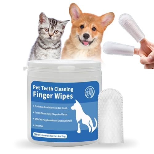 SYOOY Pet Teeth Cleaning Wipes for Dogs & Cats, Dog Dental Care Wipes No-Rinse Dog Tooth Brushing Kit for Reducing Plaque and Tartar,Portable Finger Pet Wipes, Dog Breath Freshener 50 Counts