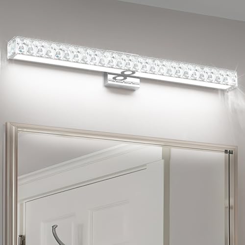 Image of SOLFART Bathroom Vanity Lighting, Crystal Bathroom Light Fixtures Over Mirror LED Lights for Restroom, 32.5 Inch Chrome Light Over Mirror