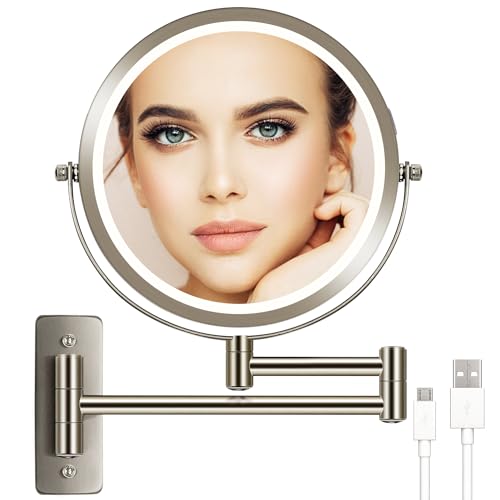 VESAUR 9" Rechargeable Wall Mounted Makeup Mirror, 1X/10X Double Sided Magnifying Vanity Mirror with 3 Colors, Adjustable Brightness, 17” Extendable 360° Rotation Bathroom Mirror,Senior Pearl Nickel