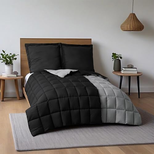 HIG 4-teiliges Bettdecken-Set: 2X Decken 135x200 cm + 2X Kissenbezüge 80x80 cm – Oeko-TEX zertifizierte Schwarze Steppdecken… – Ansicht 5