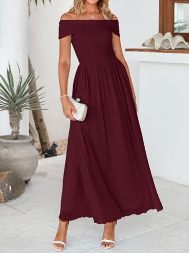 Image of MASCOMODA Women Off The Shoulder Mesh Maxi Dress Bodycon Ruched Formal Sleeveless Pleated Cocktail Wedding Guest Long Dresses