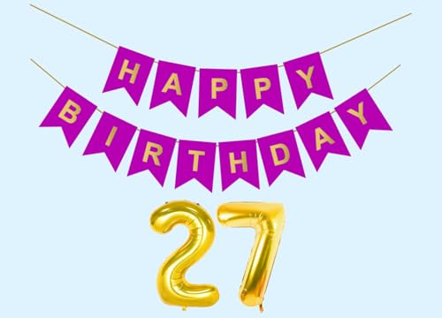 Image of 27th Happy Birthday Decoration Kit Purple for 27 year Old Boys Girls Men with Number Twenty-seven Party Decorations Decor Celebration Items Item Set Combo Reusable Paper Banner