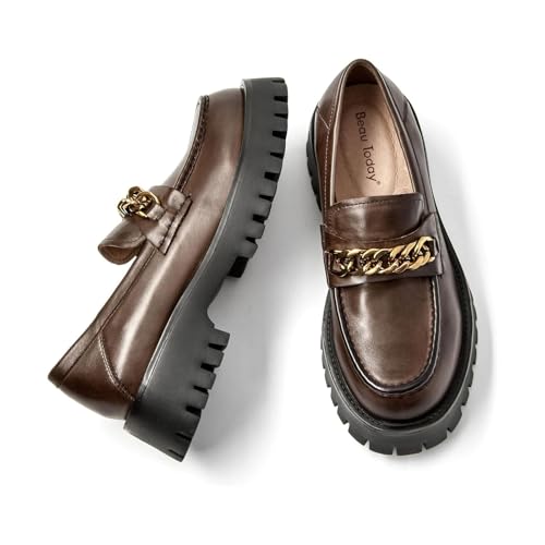 Image of BEAU TODAY Chunky Loafers for Women,Womens Platform Loafer Shoes,Chunky Heel Lug Sole Slip-on Metal Chain Shoes,Comfort Round Toe Business Work Office Shoes