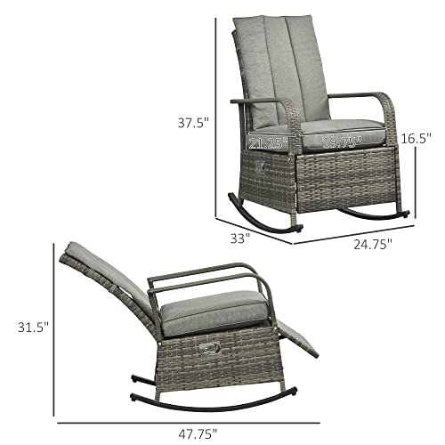 Outsunny Outdoor Rattan Rocking Chair Patio Recliner With Soft Cushions, Adjustable Footrest, Max. 135 Degree Backrest, Pe Wicker, Gray #TOP2