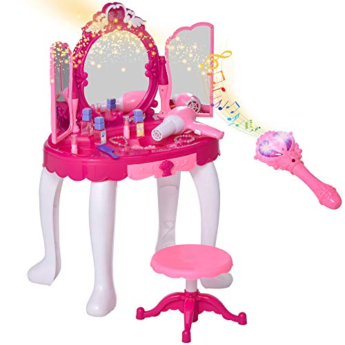 HOMCOM Tocador de Juguete Infantil Accesorios de Maquillaje con Espejo de +3 Años Efectos de Luz Música Puerto de MP3 Control Remoto 45x30,5x72 cm Rosa