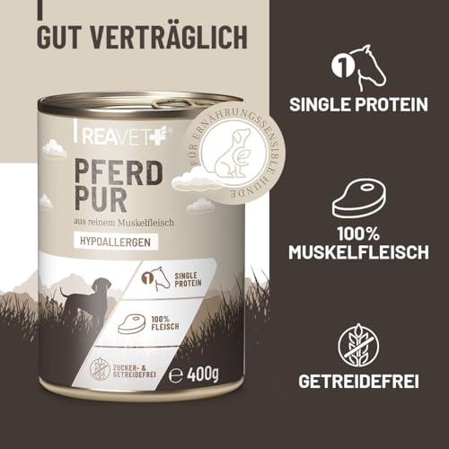 ReaVET Premium Hunde Nassfutter - Pferd Pur 12 x 400g I Reines Muskelfleisch, Hypoallergen, ohne Getreide & Zusätze, Hundenassfutter sensitiv für Allergiker