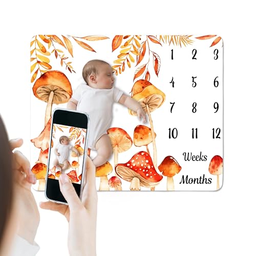 Image of Mushroom Theme Baby Monthly Milestone Blanket, Soft Flannel Watercolor Spring Tropical Eucalyptus Leaves Botanical Photography Prop Newborn Baby Shower Age Growth Tracker (Orange, 60x40in)