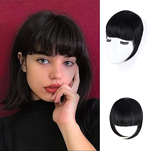 HANYUDIE Clip in Bangs Human Hair Bangs Hairpiece Black Clip on Air Bangs with Temple Thick Bangs Hair Extensions for Women (Black)
