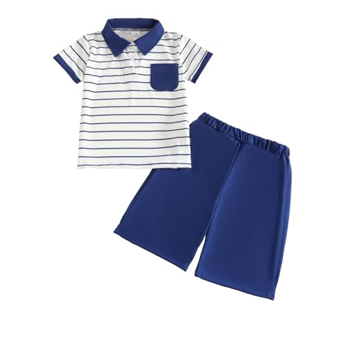 Image of Toddler Kid Boy Clothes Textured Striped Polo Collar Top Summer Shorts 2PC Summer Outfit Set